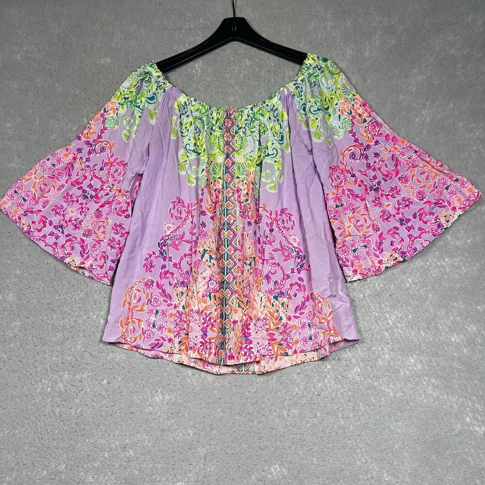 Lavender Floral Off-Shoulder Peasant Top - Pink & Green Accents